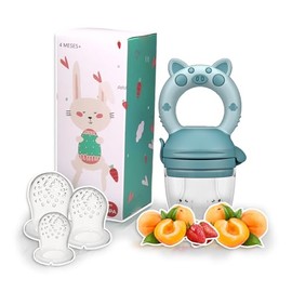 Chupón Para Fruta Y Papilla con Seguro Y Tapa Dibujos Animados, Libre de BPA (AZUL)
