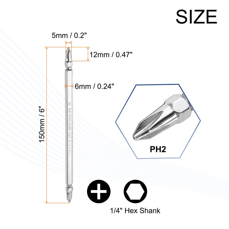 sourcing map Magnetic Double Ended Screwdriver Bit 5mm PH2 6"/150mm