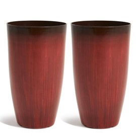 Worth Garden 20" H. Plastic Planters - Set of 2 Gradient Red Glossy Smooth Finish - Tall Plant Pots Drain Hole for Indoor Outdoor Use - Decorative Lightweight Flower Pots for Front Porch, Patio, Deck