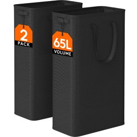 Lifewit 65L 2 Pack Slim Laundry Hamper, Narrow Laundry Basket with Handles, Collapsible Thin Dirty Clothes Hampers for Laundry, Foldable Laundry Bin for Bathroom Dorm Bedroom, Black