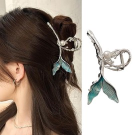 Summer Hair Clips for Women Large Clips for Hair Silver Mermaid Tail with Pearl Designs Hair Claws Blue Tails Claw Clips for Women Large Hair Claw Clip Hair Clip for Thin Hair