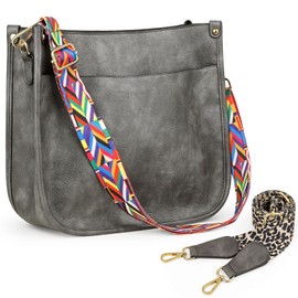 HKCLUF Crossbody Bags for Women Trendy Vegan Leather Hobo Handbags With 2PCS Adjustable Guitar Strap Shoulder Bucket Bags, A2-gray, Fashion&retro