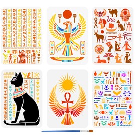 FINGERINSPIRE 6 Painting Stencils with Egyptian Symbols and 1 Plastic Brush 21 x 29.7 cm Horus Falcon Stencil Anka Wings Sun Cats Pattern Egyptian Stencil for Painting on Wood Walls Furniture