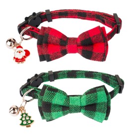 ADOGGYGO Christmas Cat Collars Breakaway with Cute Bow Bell - 2 Pack Red Green Plaid Kitten Collar with Removable Bowtie Christmas Collar for Cats Kittens