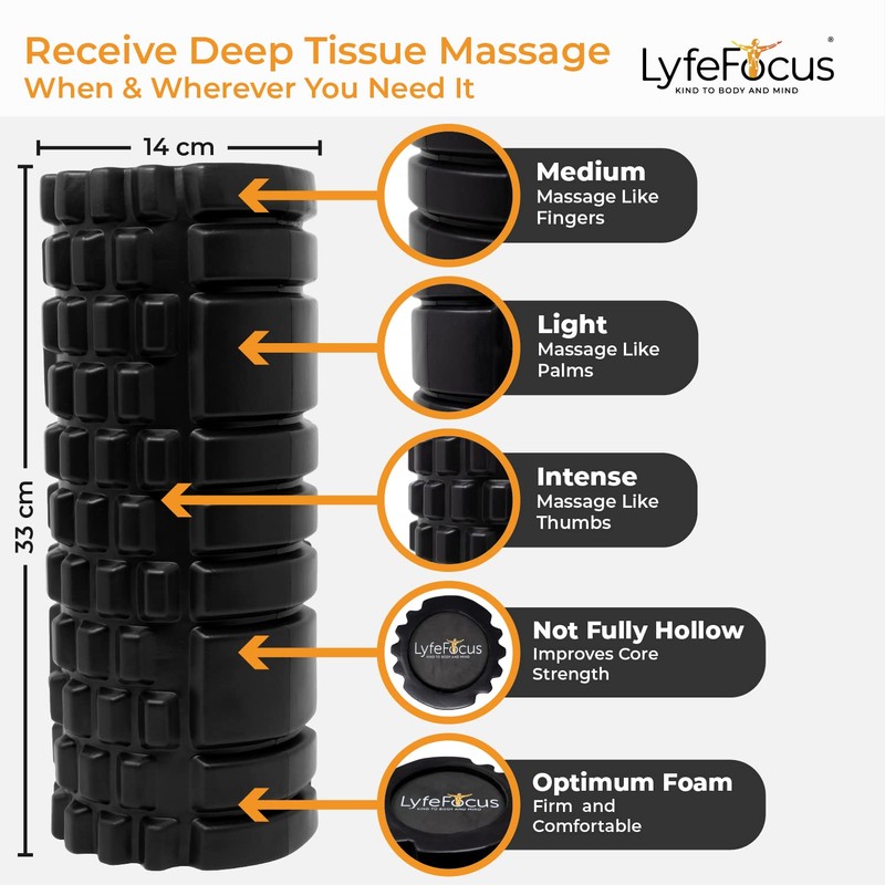 LyfeFocus Premium Trigger Point Foam Roller (Black) - Multi Pressure
