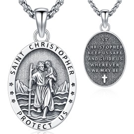 Aniu Sterling Silver St Christopher Pendant Necklace, Patron Saint Christopher Medallion Medal, Religious Amulet, Christian Jewelry, Travel Gift