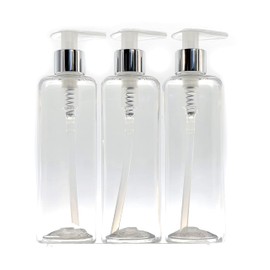 3 x Empty 300ml Square Clear Plastic Bottle with Lotion Pump (Liquid Soap/Hand Gel Dispenser) (Translucent/Silver Pump)