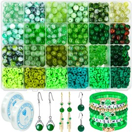 Wavlakth 2000PCS+ St.Patrick's Day Beads for Jewelry Making, 8mm Green Glass Bead Polymer Clay Beads Round Spacer Crystal Beads for Friendship Bracelet Spring Party Decoration Making (Green)