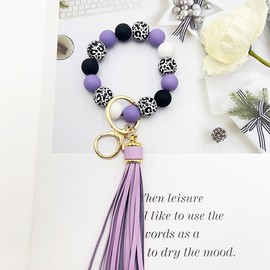 Black Leopard Print Wood Beads Bracelet Keychain Wristlet for Women, Cute Key Ring PU tassel Beaded Bangle Bracelets (Purple)
