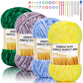 Zxiixz 4*100g/14OZ Velvet Chenille Yarn, Soft Chenille Yarn with Stitch Marker, Big Eye Needles for DIY HandCrafts, Velvet Yarn for Crocheting and Knitting for Blankets, Scarves DIY Crocheting Crafts