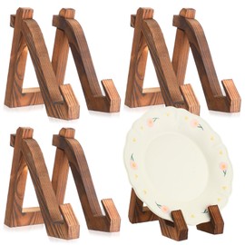 RattanView 4 Pack Wooden Plate Display Stands 6 Inch Wooden Plate Holders for Displaying Rustic Decorative Picture Frame Holder Stand Wood Table Top Easels for Plates, Photos, Book, Artwork