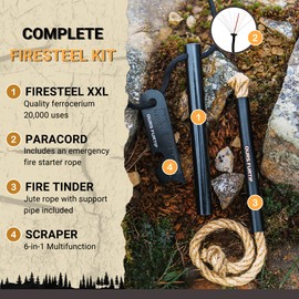 Survival Flint – Fire Steel XXL 12 mm – Over 20,000 Uses – High-Quality Ferrocerium – Fire Starter with Fire Starter Set for Outdoor, Bushcraft – Paracord + Bag