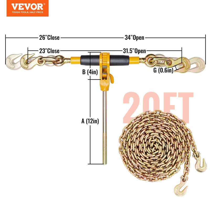VEVOR Ratchet Chain Binder 2PCS, 3/8"-1/2" Heavy Duty Load Binders,