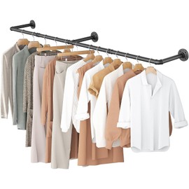 RSFMAS Wall Mounted Clothes Rack, Industrial Pipe Clothing Hanger 50 Inch Black, Heavy Duty Wall Mount Closet Rod for Bedroom, Entryway, Laundry Drying Rack, Retail Display Clothes Rod