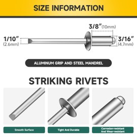Mywish (250Pcs) 3/16" x 3/8" Blind Pop Rivets 3/16 Aluminum Grip and Steel Mandrel Blind Rivets, Open End 3/16 Rivets for Metal