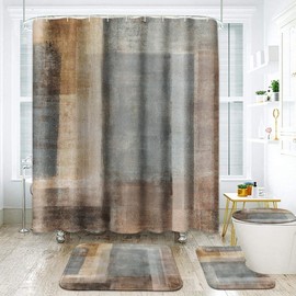 ArtSocket Beige Grey Abstract Bathroom Set with Shower Curtain and Rugs Accessory, Painting Brown Abstract Shower Curtain for Bathroom Decor 4 Pcs