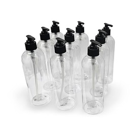 SNT Biotech 9 Pack 16 Ounce Plastic Pump Bottles, Empty Refillable Container Liquid Soap, Shampoo, Lotion, Cleaning Products Dispenser, Clear Round with Black Pump. Plastic PET Sturdy Bottle.
