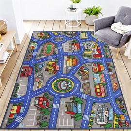 Kids Rug 3'3" x 5'2" City Life Playmat Area Rug Car City Map Washable Traffic Road Educational Learning Nursery Rug Carpet for Children Playroom Living Room Bedroom Classroom Decor Dark Blue