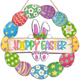 Easter Decoration Wooden Door Wreath for Front Door Sign Cute Bunny Happy Easter Eggs Wooden Door Hanger Bunny Flower Eggs Welcome Hanging Sign for Outdoor Indoor Home Wall Spring Easter Decor