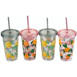 Gem Imports Plastic Transparent Drinking Tumbler Cups with Lid & Spiral Straw - Orange & Lemon - Set of 4