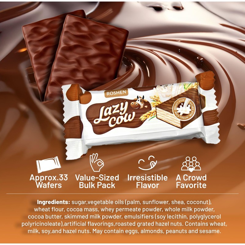 Roshen Lazy Cow Wafers with Creamy Milk Filling & Covered