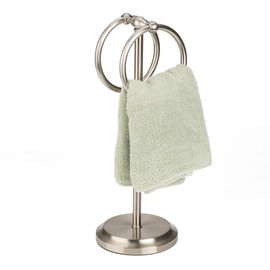 J&V TEXTILES Steel Towel Rack Holder Stand with 2 Hanging Rings for Bathroom Vanity Countertops - Space Saving Hand Towel Holder (Brushed Satin Nickel)