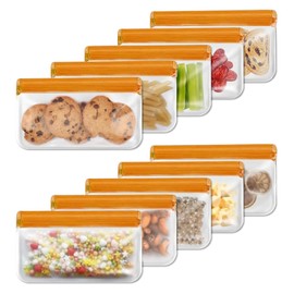 SHUOGUO Reusable Snack Bags Dishwasher Safe,10Pack Reusable Bags Silicone Extra Thick Leak-proof Reusable Freezer Bags for Candy, Snack, Cereal, Travel Items, Home Organization（Orange）