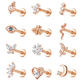 JeryWe 12Pcs 16G Cartilage Stud Earring for Women Stainless Steel Top Screw Flat Back Earrings Bee Butterfly Snake Evil Eye Moon Heart CZ Nose Rings Studs, Cubic Zirconia, Rosegold-6mm