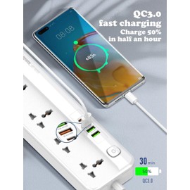 9-in1 Extension Lead 5 Universal AC Socket Power Strip With 4 USB Ports Fast Charge (1PD 20W+1QC3.0+2 Auto-ID) More Power Socket Cord with Switch 2m Extension cord Child Safe Door
