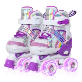 Nattork Girls Roller Skates for Little Kids Toddler Ages 5-8 4 5 6 7, 4 Size Adjustable Rainbow Quad Skates with All Light Up Wheels - Best Birthday Gift for Outdoor Sports
