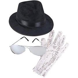 MJ King of Pop Costume Bundle with Fedora Hat Glove and Sunglasses Black/Silver