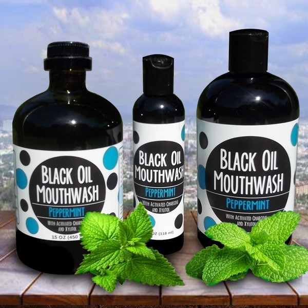 Black Oil Mouthwash for Oil Pulling, Sweet Peppermint, 4 oz, w/ Powerful Xylitol & Activated Charcoal