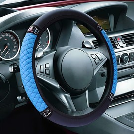 ZIMISI Bling Soft Leather Steering Wheel Cover, 15" Anti-Slip Sparkly Crystal Auto Elastic Steering Wheel Protector for Women Girl, Colorful Diamond Car Interior Accessory for Most Cars (Blue)