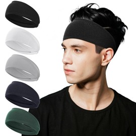 Running Headbands for Men (5 Pack), Mens Sweatband Sports Headband, Wicking Workout Headbands for Running, Cycling, Basketball, Yoga, Fitness, Unisex Sweatbands for Men and Women (Gray, Green