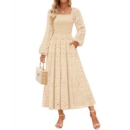 ZESICA Women's Fall Long Sleeve Maxi Dresses 2025 Square Neck Hollow Out Eyelet Smocked A Line Boho Wedding Guset Dress Apricot Small