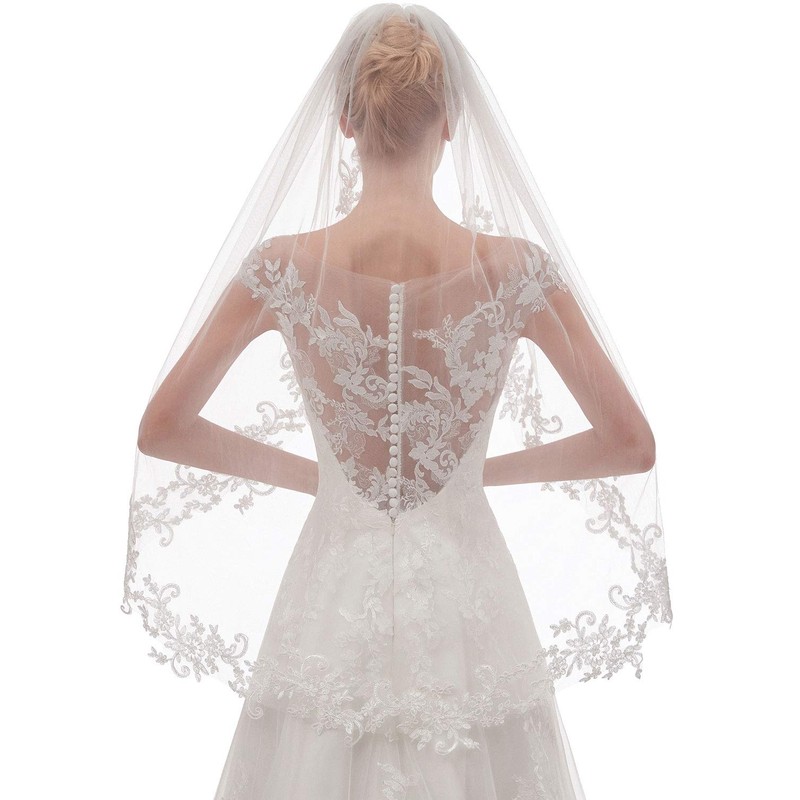 EllieHouse Womens Short Fingertip Length 1 Tier Lace White Wedding