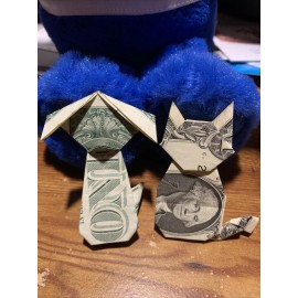 2pc-Money Cat  Dog Origami  $1 Dollar Bill folded  💝 Animal Love -