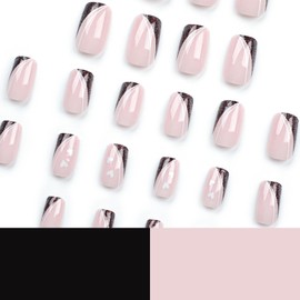 24Pcs Heart Press on Nails Short Square Fake Nails with Glitter French Tips Designs Cute False Nails Glossy Stick on Nails Pink Full Cover Glue on Nails for Women Girls