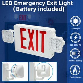 Red Exit Signs with Emergency Lights,Two Adjustable LED Lights with Backup Battery, 94V-0 Fire Resistant,120-277V, Wall Or Ceiling Mount, UL Listed,Exit Sign Combo for Business 6 Pack