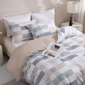 LONAVA Queen Duvet Cover Set Printed 3 Pieces, (No Comforter) 1 Lightweight Plaid Biege Duvet Cover with Zipper Closure and 2 Pillowcases,Premium Soft Microfiber (Modern Plaid)