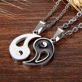 Cupimatch 2PCS Stainless Steel Yin Yang Pendant Puzzle Matching Couple Necklace Valentine for Men Women Silver Black with 18"& 22" Chain