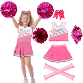 Kitimi Cheerleader Costume Children's Girls Children's Costume Cheerleading Outfit Girls School Child Uniform Crop Tops with Skirt Pompoms Hair Scrunchie Cheer Sticks for Carnival Fancy Dress Party