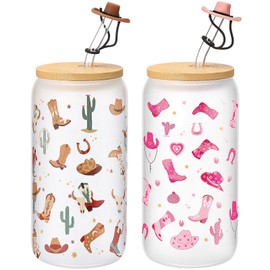 Baderke 2 Sets Western Cowgirl Beer Can 16 oz Drinking Cups with Bamboo Lid Glass Straw and Cleaning Brush Cowboy Boots Iced Coffee Cup Reusable Tumbler for Party Favors Gifts (Frosted)