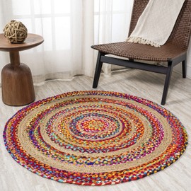 JONATHAN Y RNF105A-3R Isla Round Boho Braided Rag & Jute Indoor Area Rug, Natural Fibers, Geometric, Bohemian Easy Cleaning,Bedroom,Kitchen,Living Room,Non Shedding, Multi/Natural, 3' Round