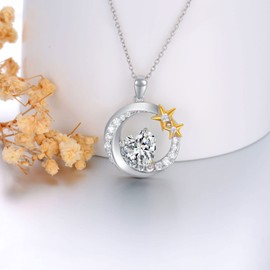 SLIACETE Moon and Star Necklace for Women with Birthstone in 925 Sterling Silver, April