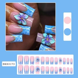 24 Pcs Blue French Press on Nails with 3D Embossed Flower Designs Full Cover Long Square Shaped Fake Nails Golden Glitter Acrylic Nails Sparkly Stick on Nails for Women Nail Art Manicaure