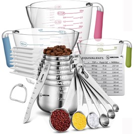 AIKEXIN - Juego de 20 tazas medidoras y cucharas para cocinar y hornear | Acero inoxidable 18/10, material de metal | Diseño apilable, seco y líquido | Plástico | Nivelador. Conversor de unidades