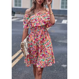 Choies Women Summer Off Shoulder Mini Dress Floral Boho Skater Short Dress