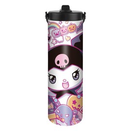 HOOKTA Kuromi Stainless Steel Water Bottle, 590 ml, Stainless Steel with Handle, Kitty Sports Water Bottles with Straw, Leak-Proof, Reusable Drink Cup (Happy Hands Up)