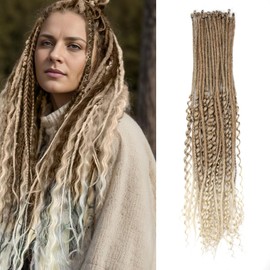 Quiduis 30 Inch 30 Strands SE Dreadlock Extensions,3 In 1 Mixed Synthetic Dreads Extensions,Light Brown to Blonde Curly&Straight&Boho Single Ended Dreads Extensions Hippie Style Dreadlock for Women